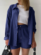 Chic Textured Button-Up Shirt & Shorts Two-Piece Set