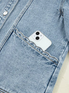 Stylish Scallop Trim Collar Denim Jacket with Patched Pockets
