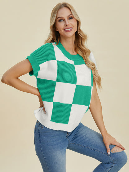 Double Take Checkered Round Neck Short Sleeve Sweater