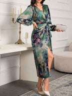 Printed Tie-Waist Balloon Sleeve Midi Dress