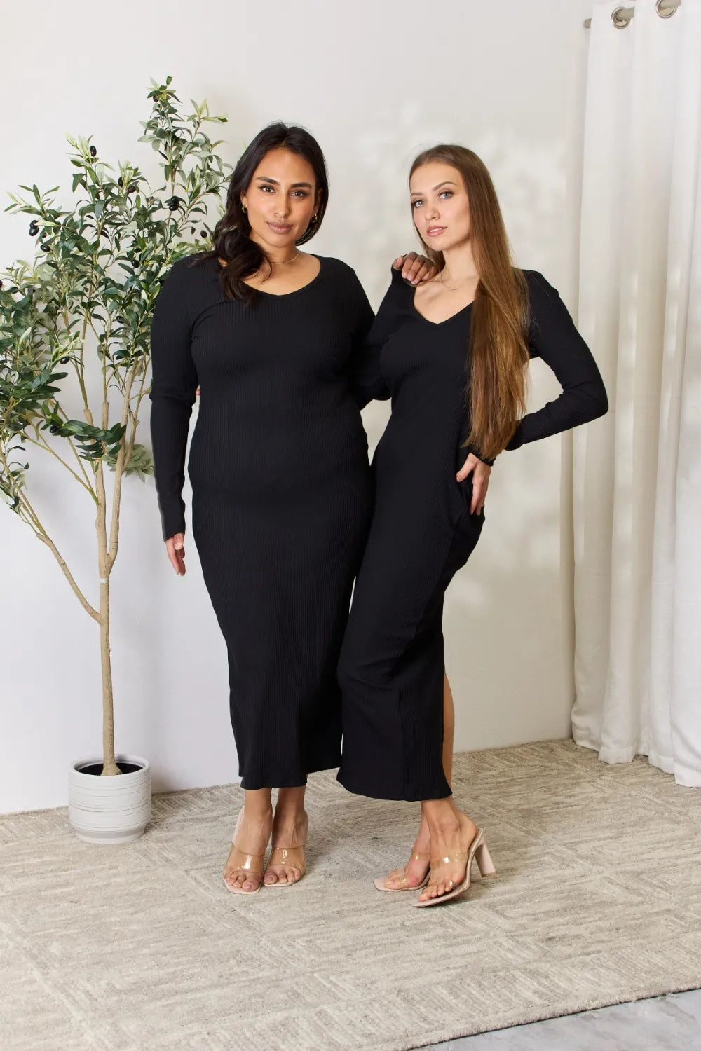 Culture Code Ribbed Slit Midi Dress â€“ Full Size