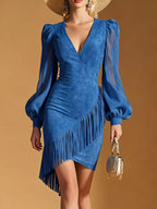 Suede Fringe V-Neck Mini Dress with Zip Detail Blue