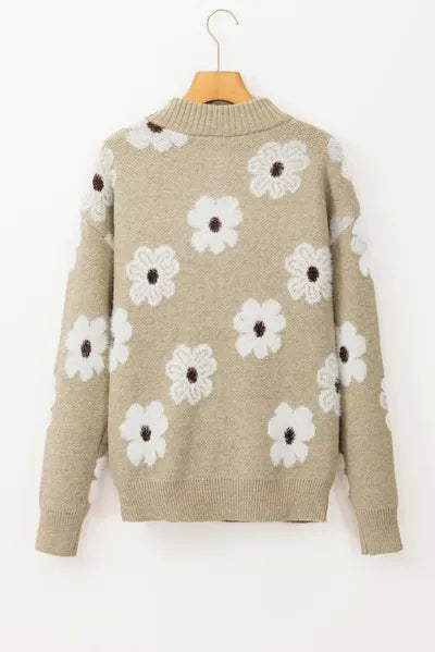 Floral Half-Zip Long Sleeve Knit Sweater