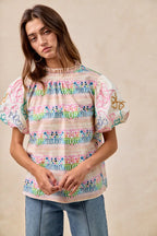 BiBi Ruffle Neckline Blouse With Embroidery Bubble Sleeve