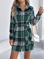 Plaid Button-Front Tie Waist Shirt Dress