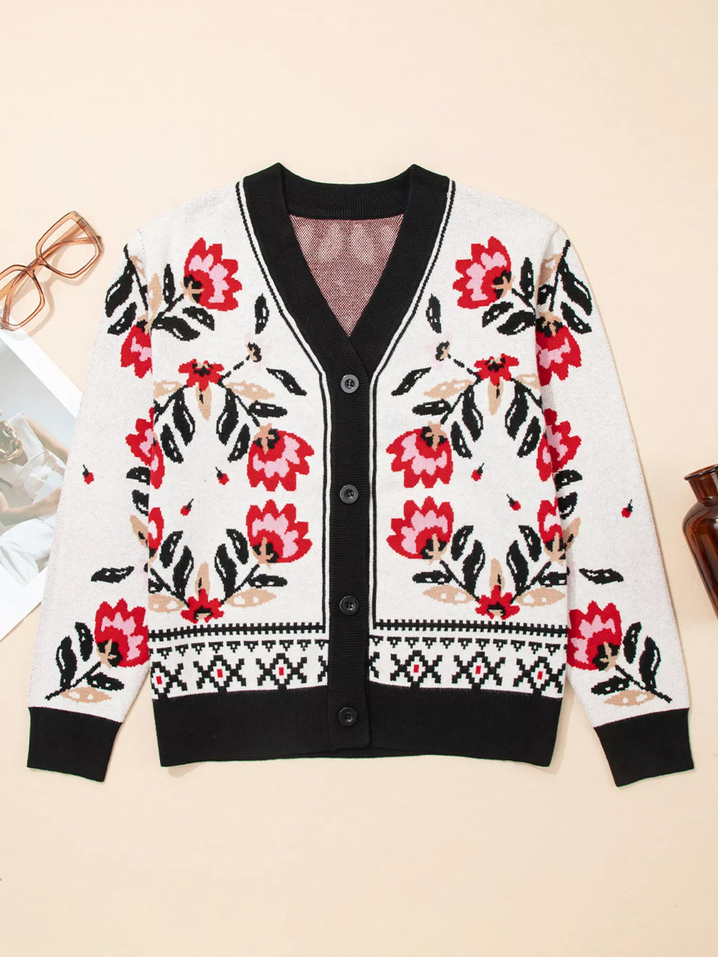Floral Geometric Border Button-Down Cardigan