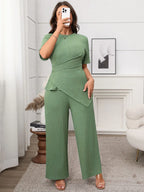 Plus Size Asymmetrical Neck Short Sleeve Top & Pants Set