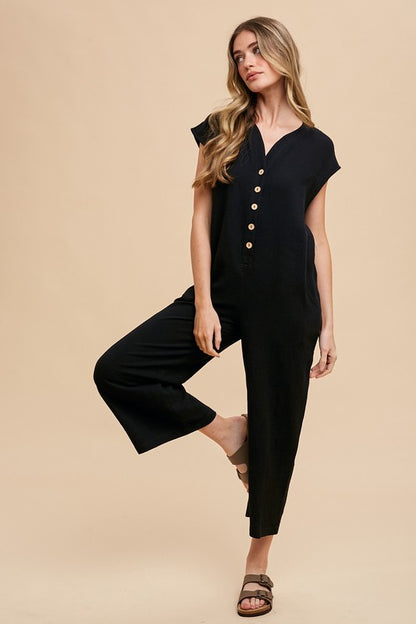 Annie Wear Button Detail Wide-Leg Jumpsuit with Pockets Black