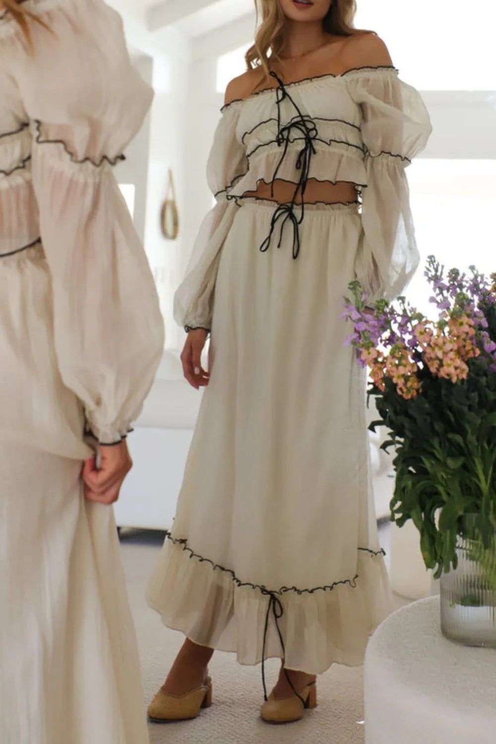 Off-Shoulder Ruffled Top and Ruched Skirt Set