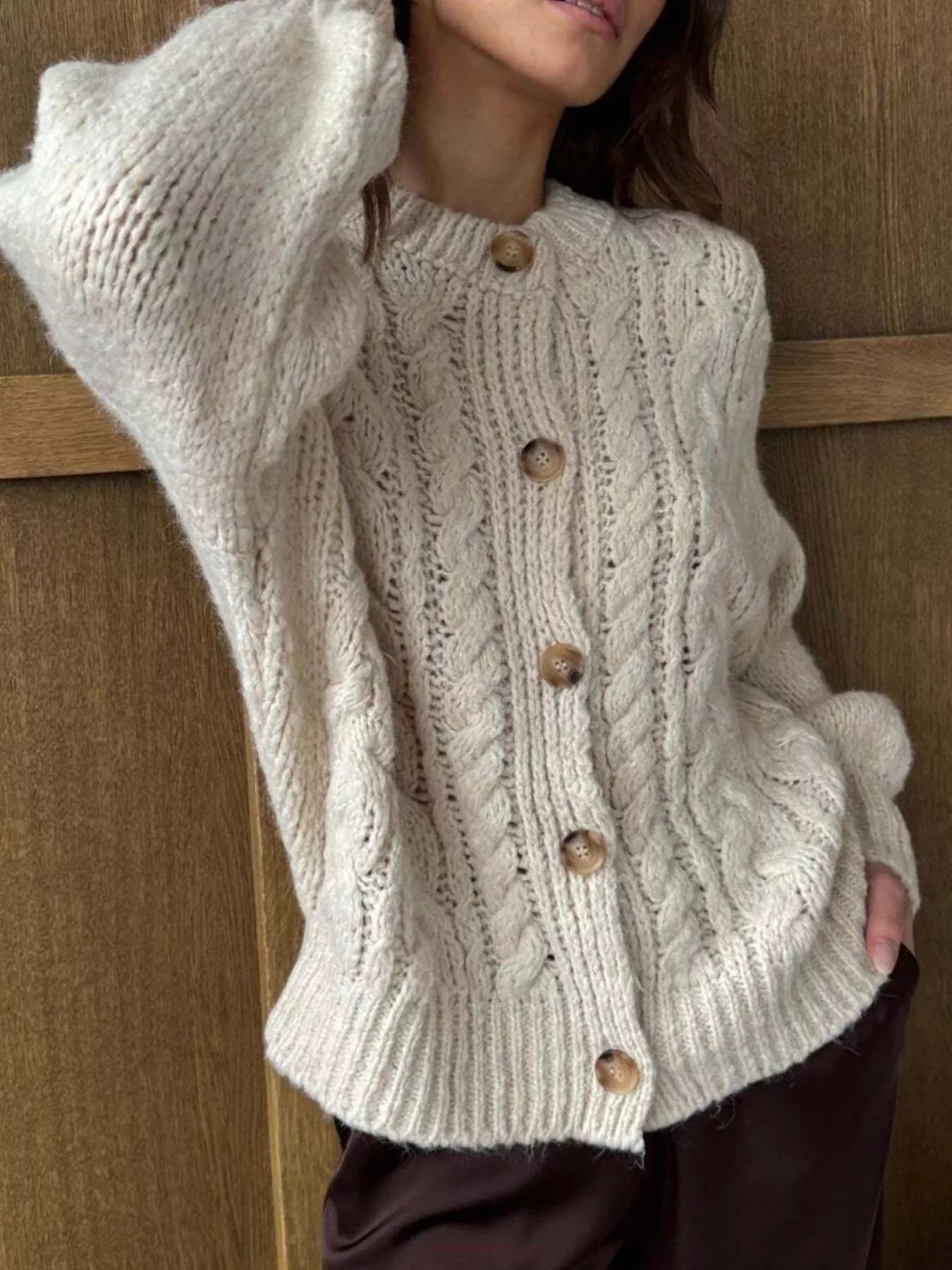 Cozy Cable Knit Button-Front Cardigan Sweater Ivory
