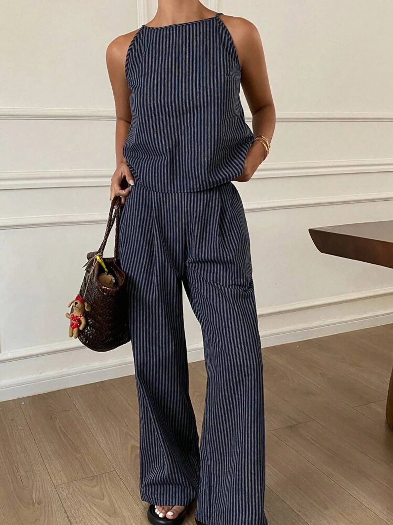 Striped Tank & Wide Leg Pants Set â€“ Two-Piece Summer Co-Ord for Effortless Style Navy