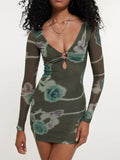 Keyhole Detail Mesh Long Sleeve Bodycon Dress Army Green