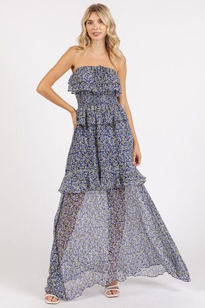 Mittoshop Ruffled Smocked Floral Halter Maxi Dress Dark Navy