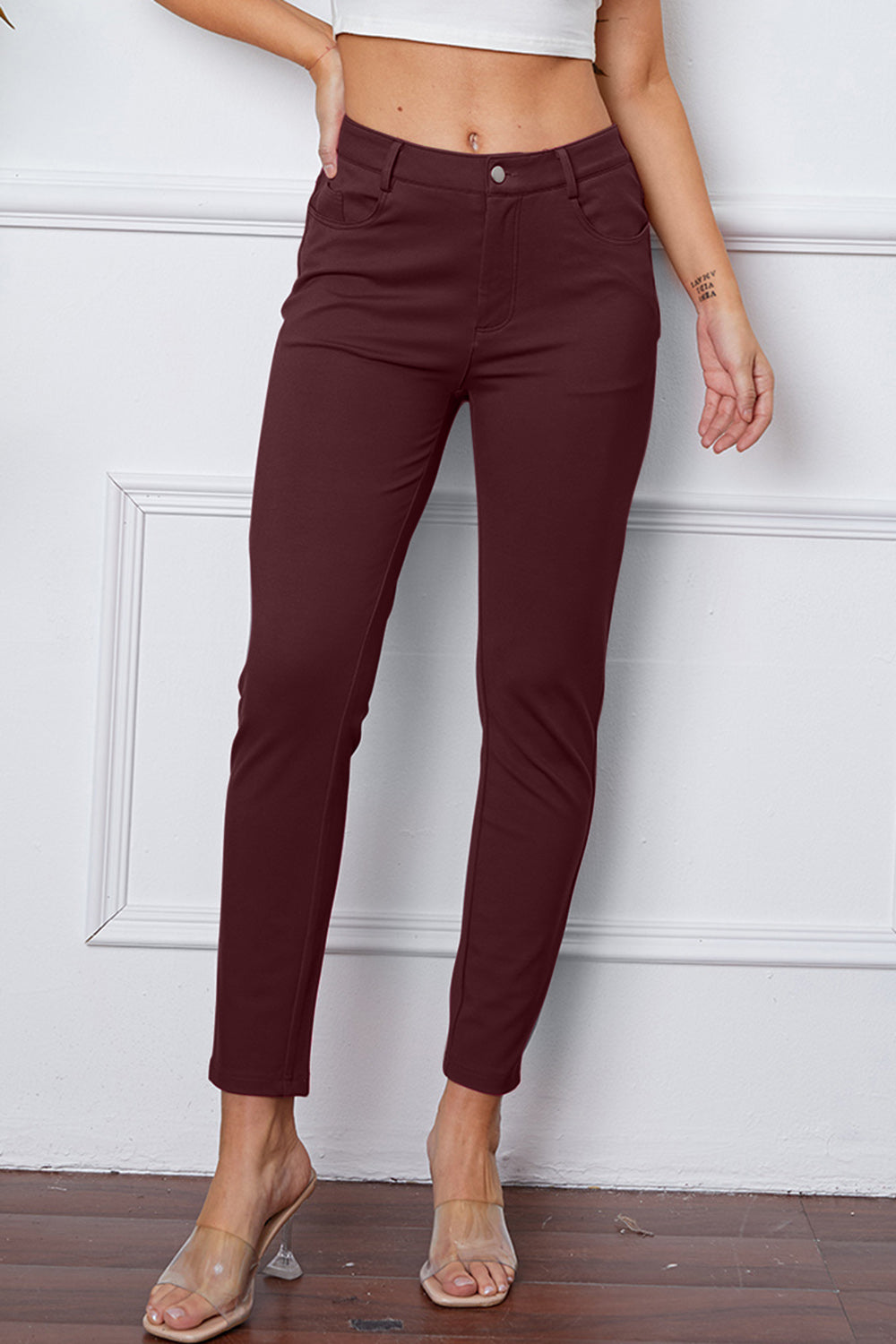 Stretchy Stitch Pocketed Pants by Basic Bae Burgundy