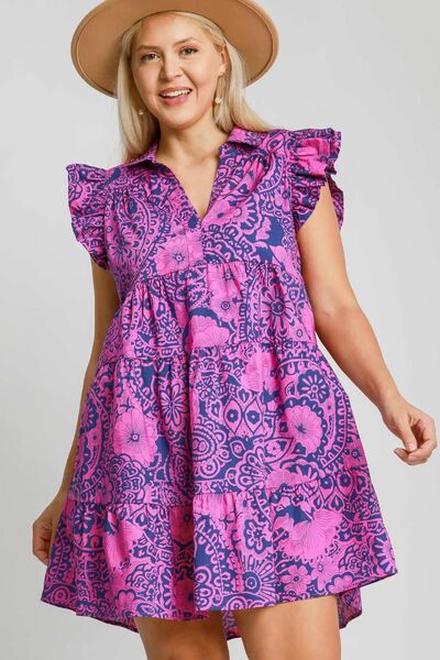 Umgee Full Size Printed Ruffle Cap Sleeve Babydoll Dress