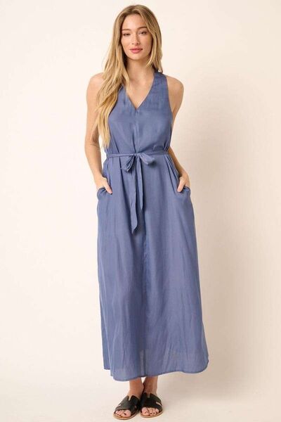 Mittoshop Cross Back Belted V-Neck Tank Maxi Dress