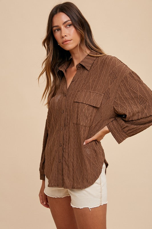 AnnieWear Openwork Button-Down Drop Shoulder Shirt Brown