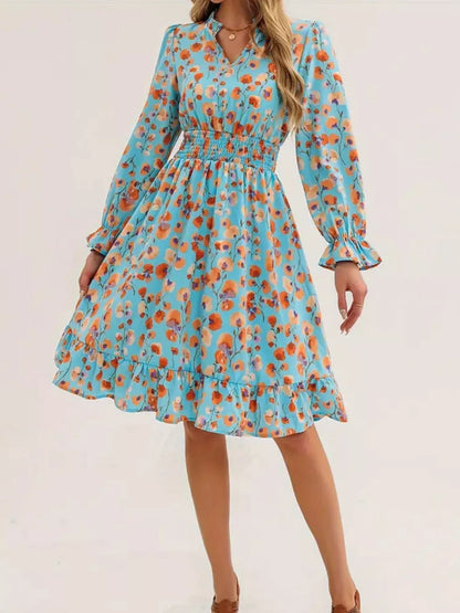 Floral Smocked Ruffled Flounce Sleeve Midi Dress