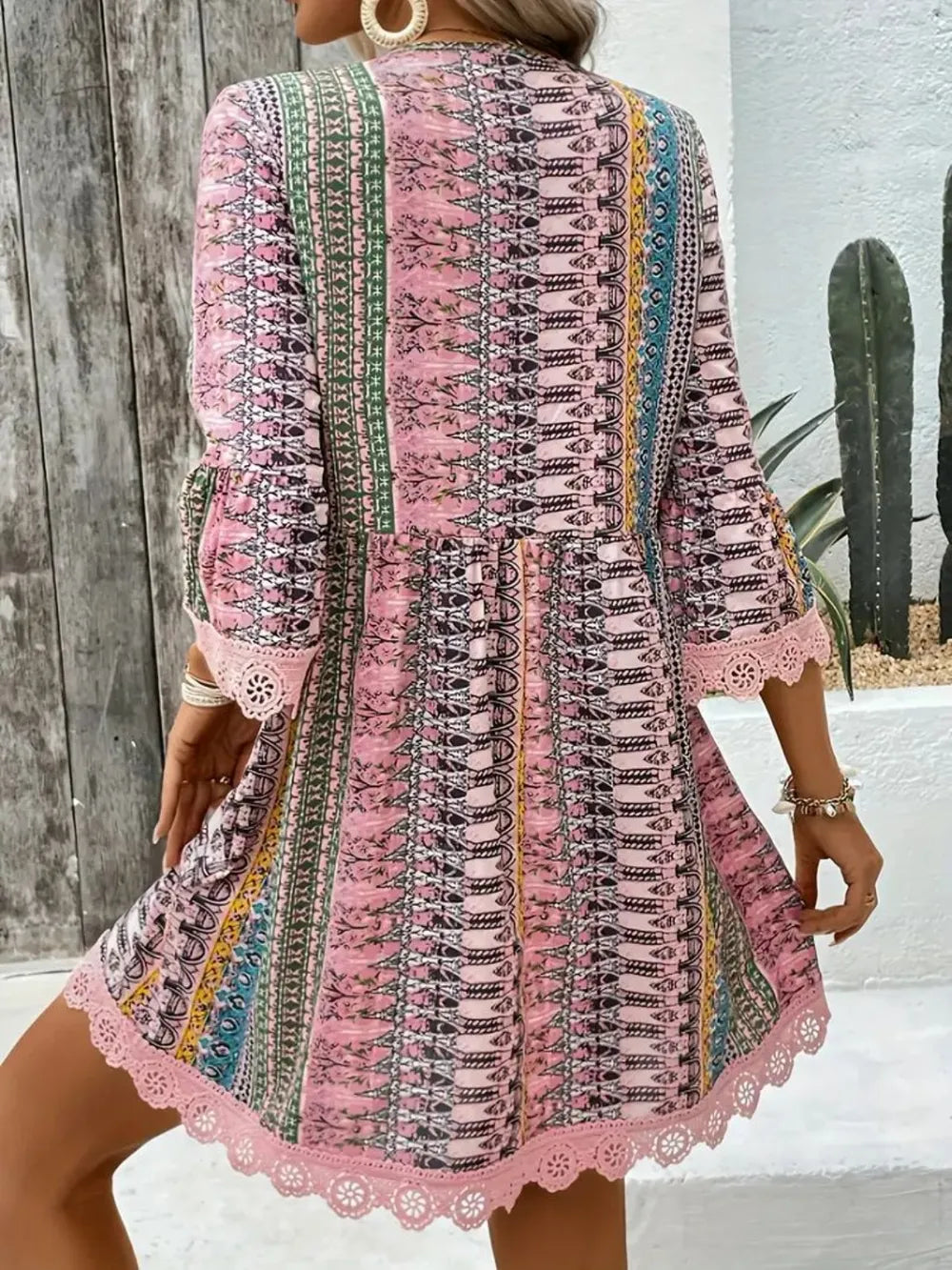 Printed V-Neck Dress with Lace Trim and 3/4 Sleeves