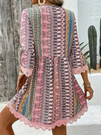 Printed V-Neck Dress with Lace Trim and 3/4 Sleeves