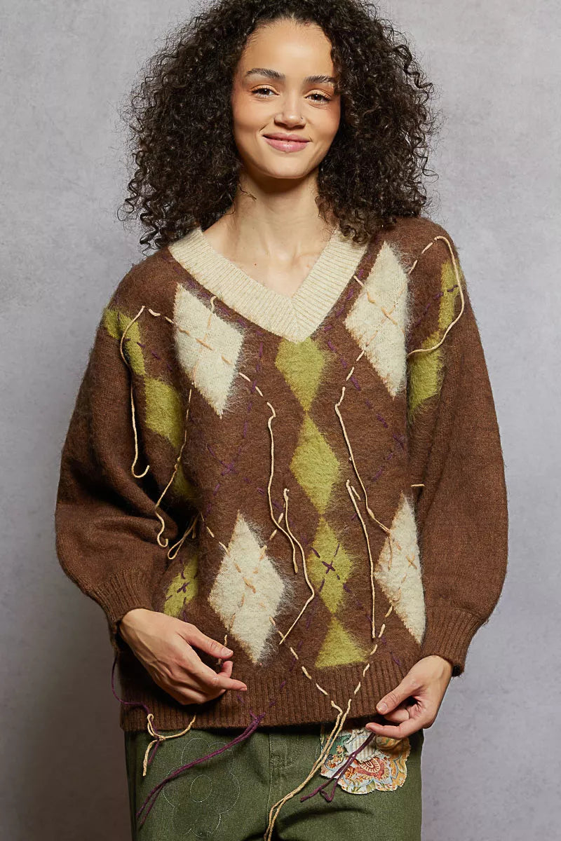 POL Argyle Dreams V‑Neck Mohair Sweater with Contrast Stitch