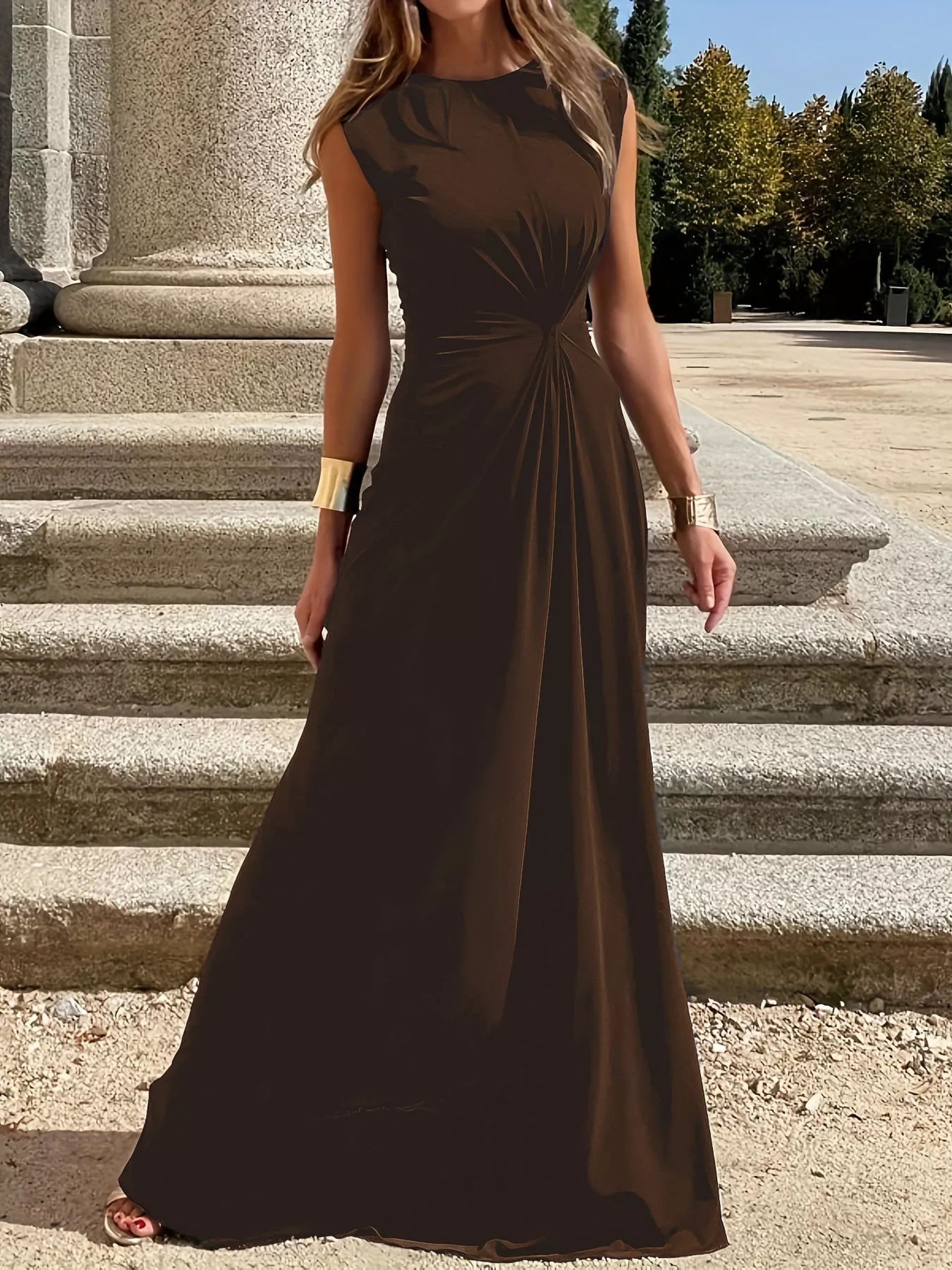 Twisted Round-Neck Sleeveless Ruched Maxi Dress Brown