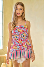 Davi & Dani Floral Smocked Sleeveless Top with Ruffle Back Tie