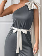 One-Shoulder Bowknot Wide-Leg Belted Jumpsuit