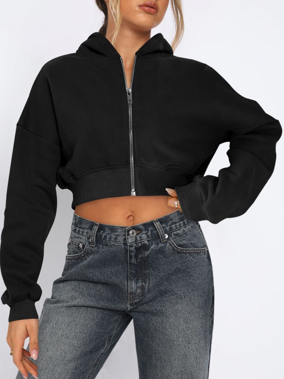 Zip-Up Long Sleeve Hooded Cropped Jacket Black