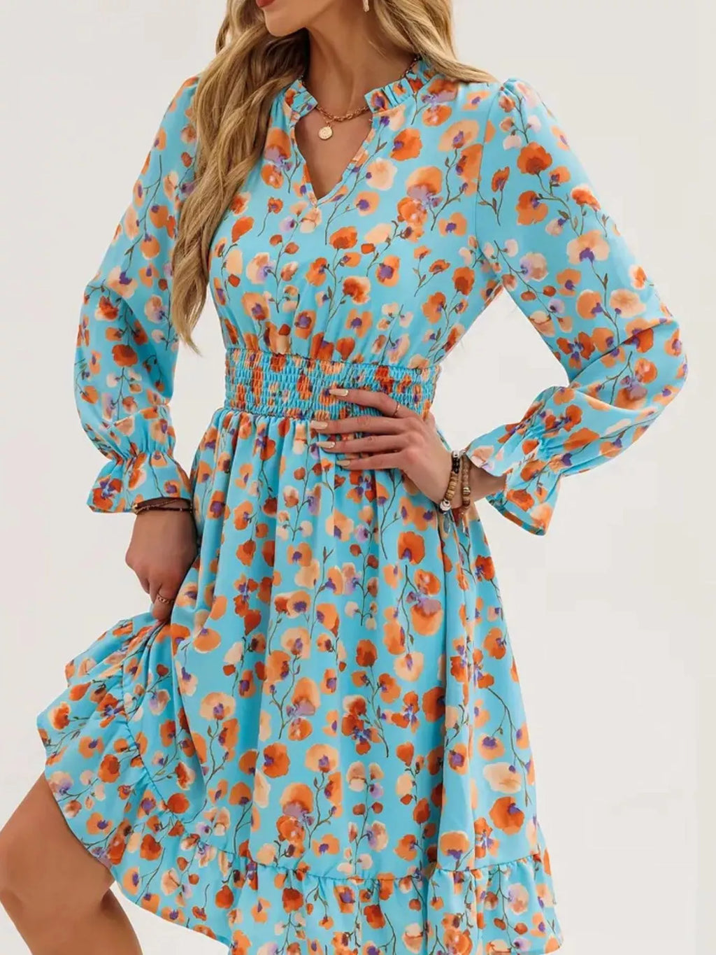 Floral Smocked Ruffled Flounce Sleeve Midi Dress