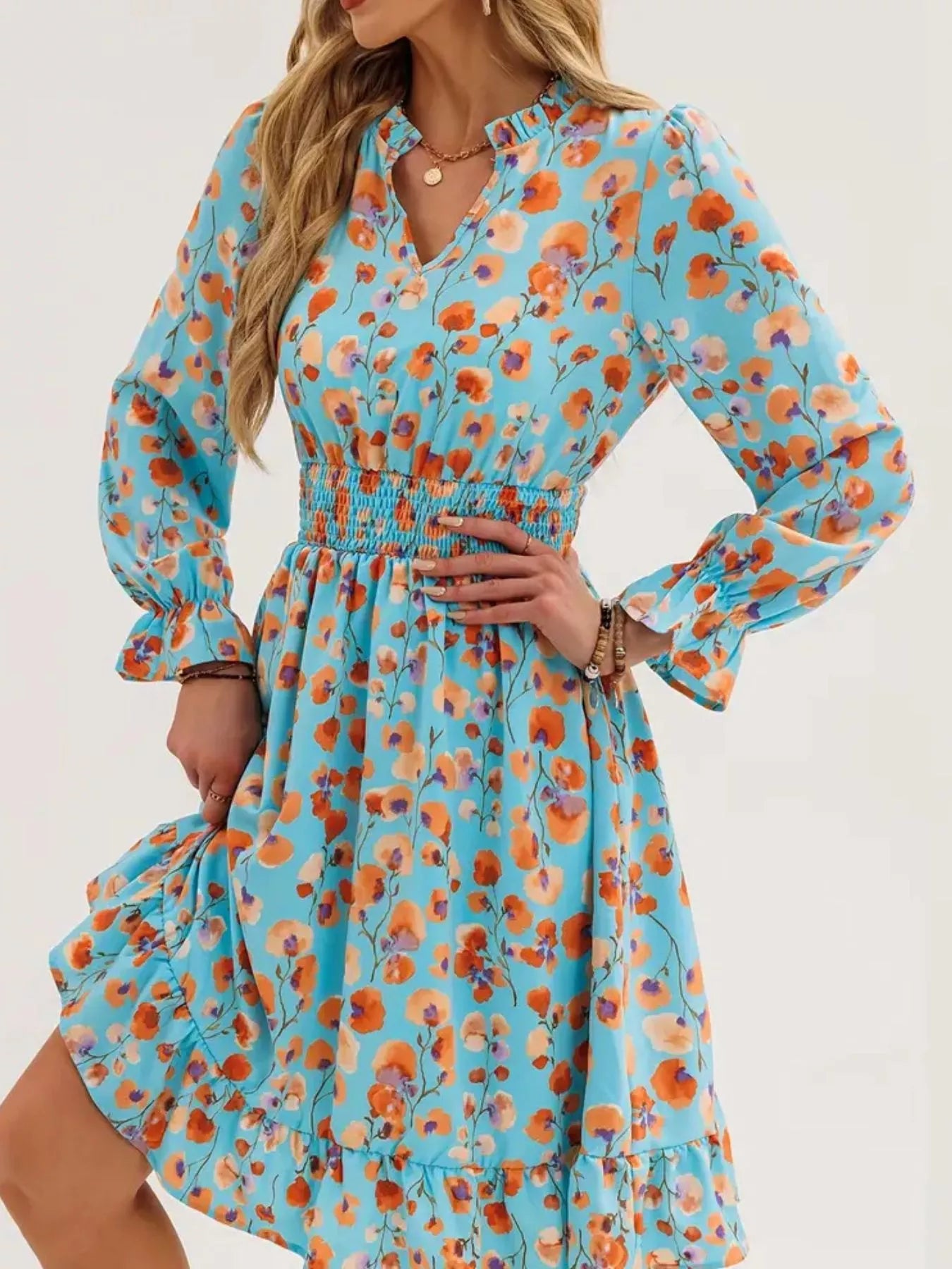 Floral Smocked Ruffled Flounce Sleeve Midi Dress