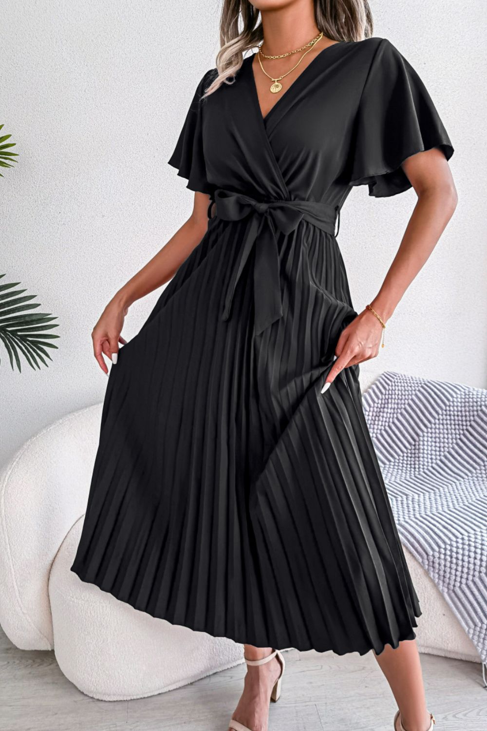 Pleated Flutter Sleeve Midi Dress with Belted Waist Black