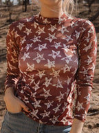 Celestia Star Print Long Sleeve Sheer Mock Neck Top Terracotta
