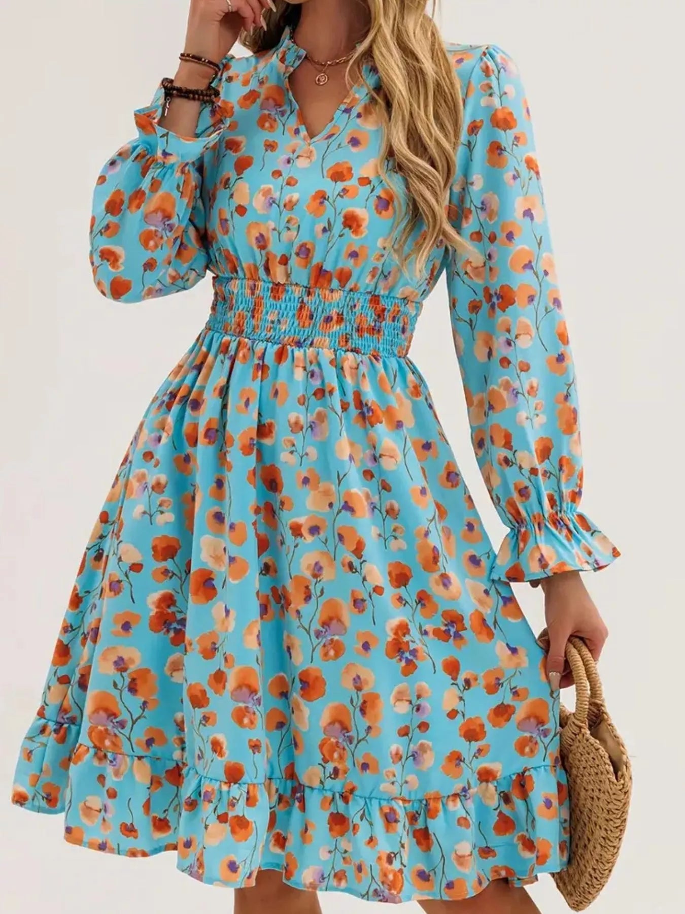 Floral Smocked Ruffled Flounce Sleeve Midi Dress Pastel Blue