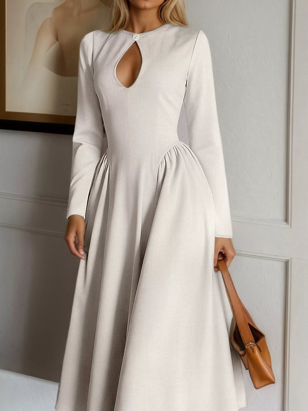 Cutout Front Long Sleeve A-Line Maxi Dress
