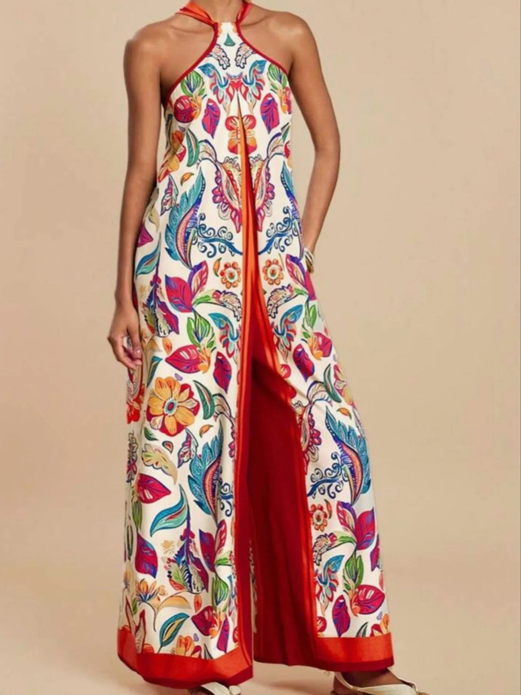 Boho Printed Halter Neck Wide-Leg Jumpsuit Red