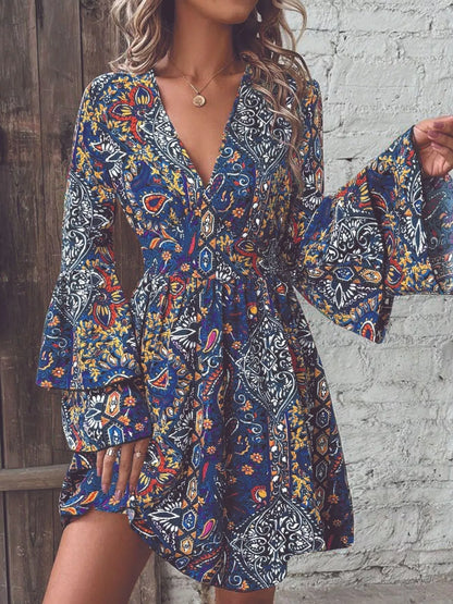 Paisley Print V-Neck Ruffled Flounce Sleeve Dress Blue