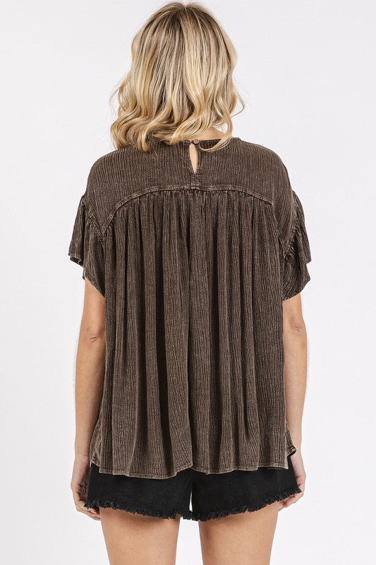 Mineral Washed Round Neck Ruffle Sleeve Blouse