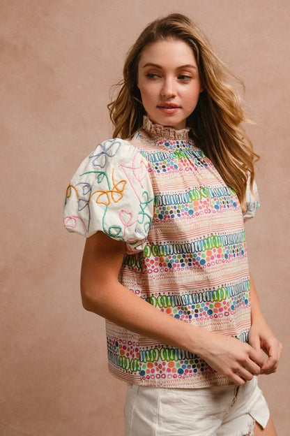 BiBi Ruffle Neckline Blouse With Embroidery Bubble Sleeve