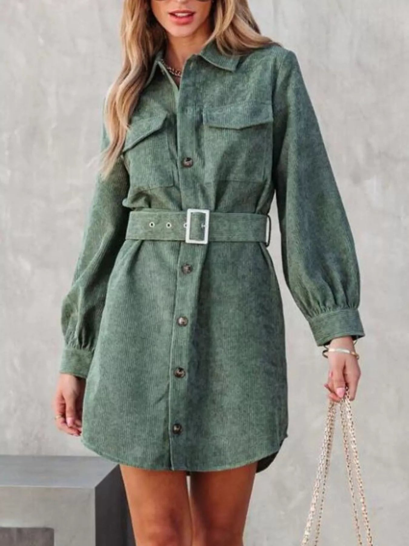 Button Front Belted Corduroy Dress with Pockets