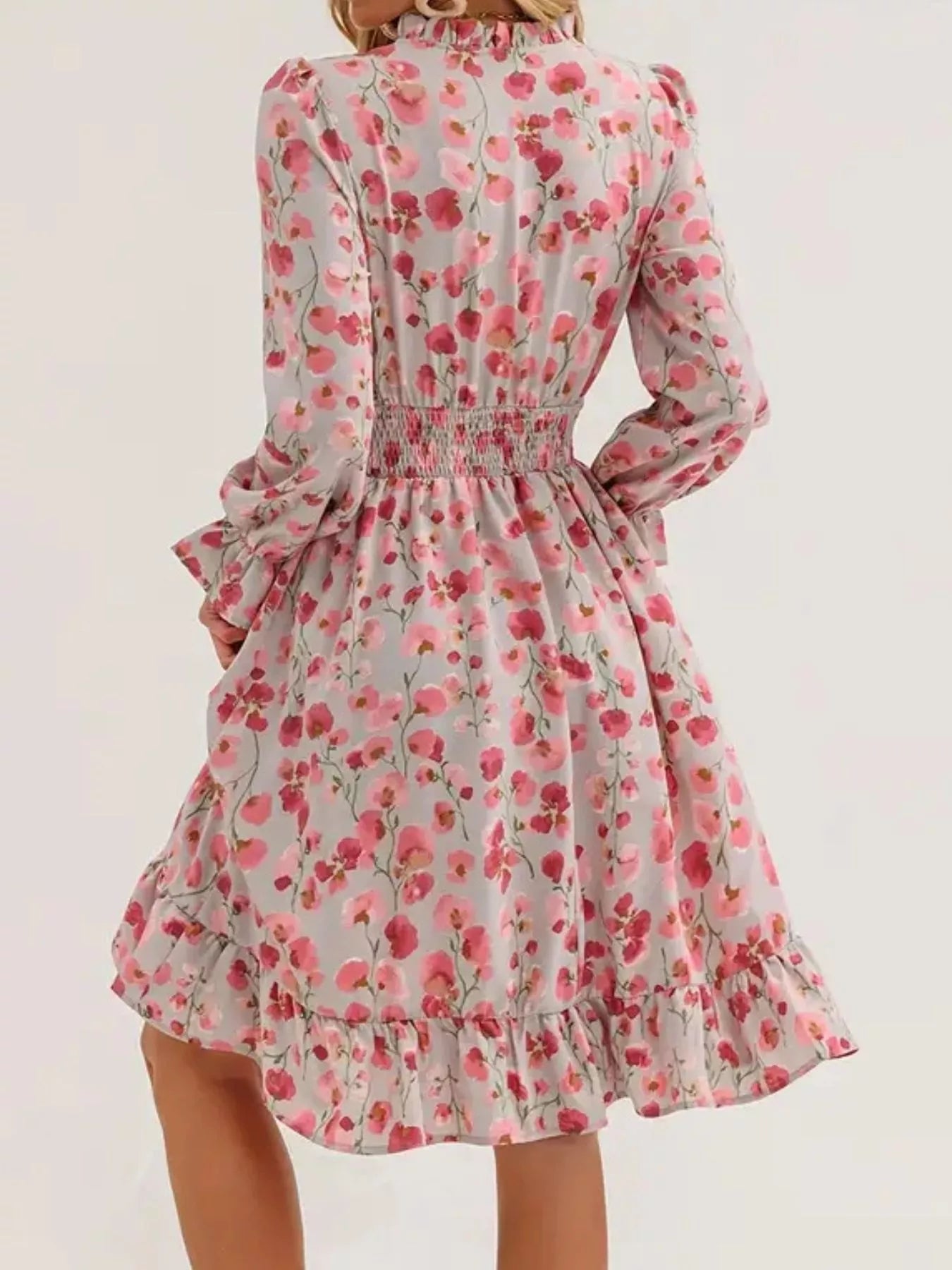 Floral Smocked Ruffled Flounce Sleeve Midi Dress