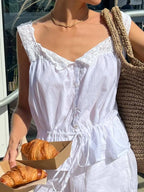 Lace Trim Drawstring Tank - Buttoned & Breezy Style