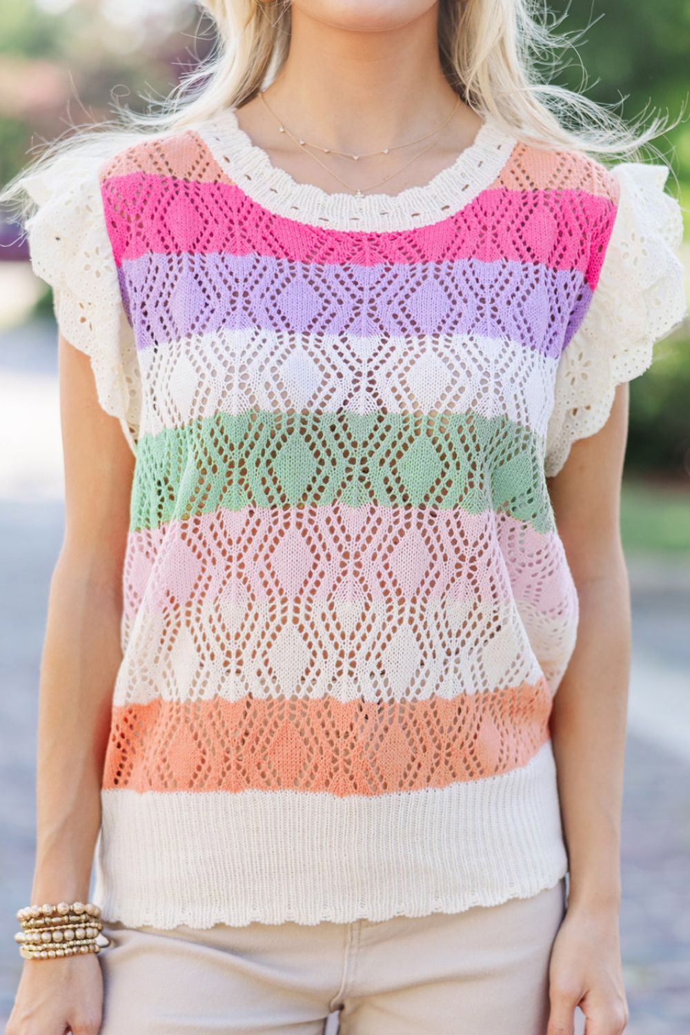 Openwork Cap Sleeve Knit Top - Chic & Breathable Striped