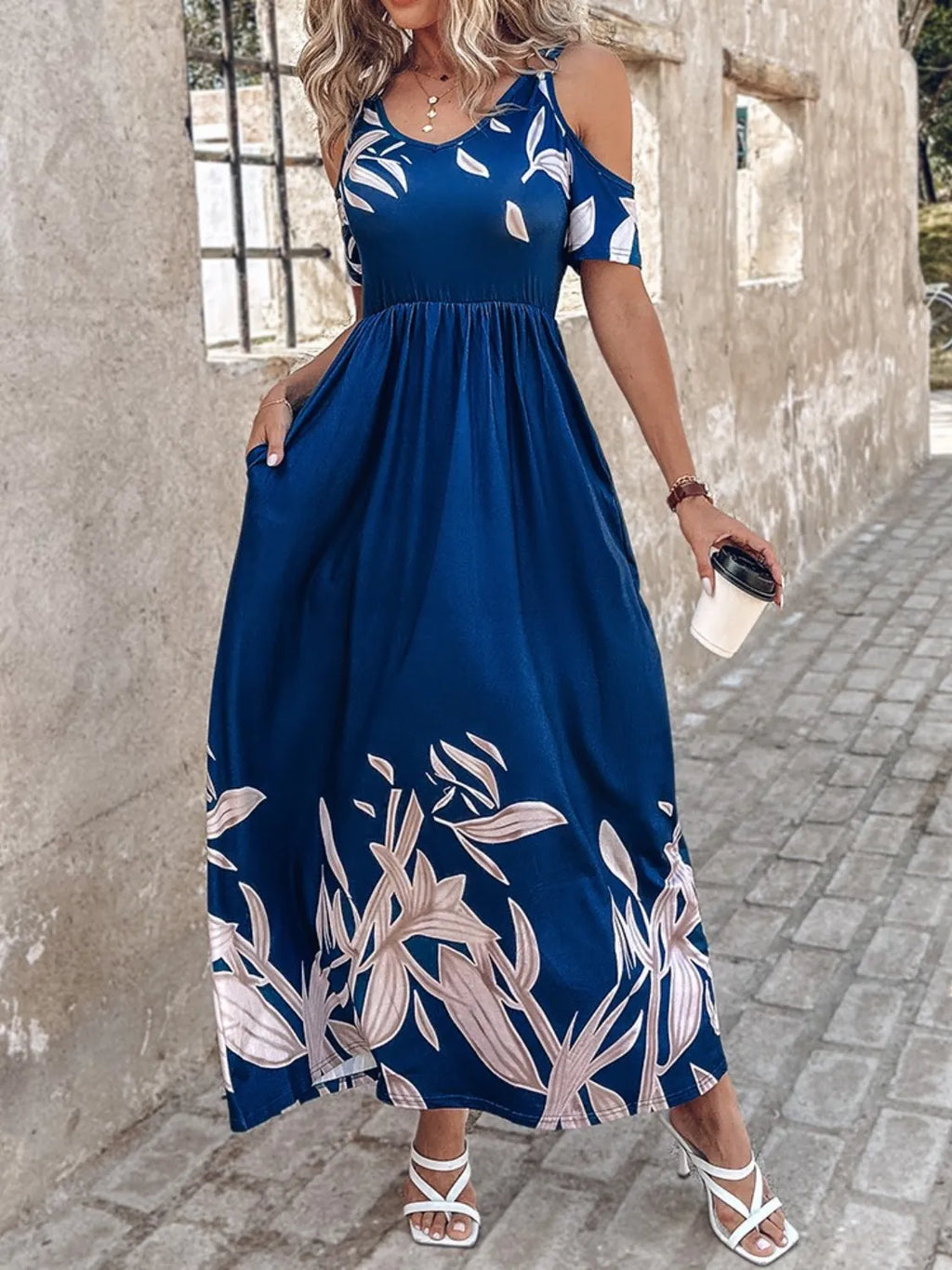Printed Cold Shoulder Pocket Maxi Dress