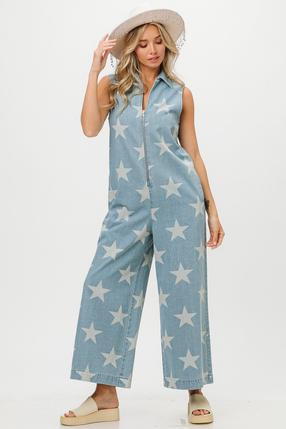 BiBi Star Print Half-Zip Sleeveless Denim Jumpsuit