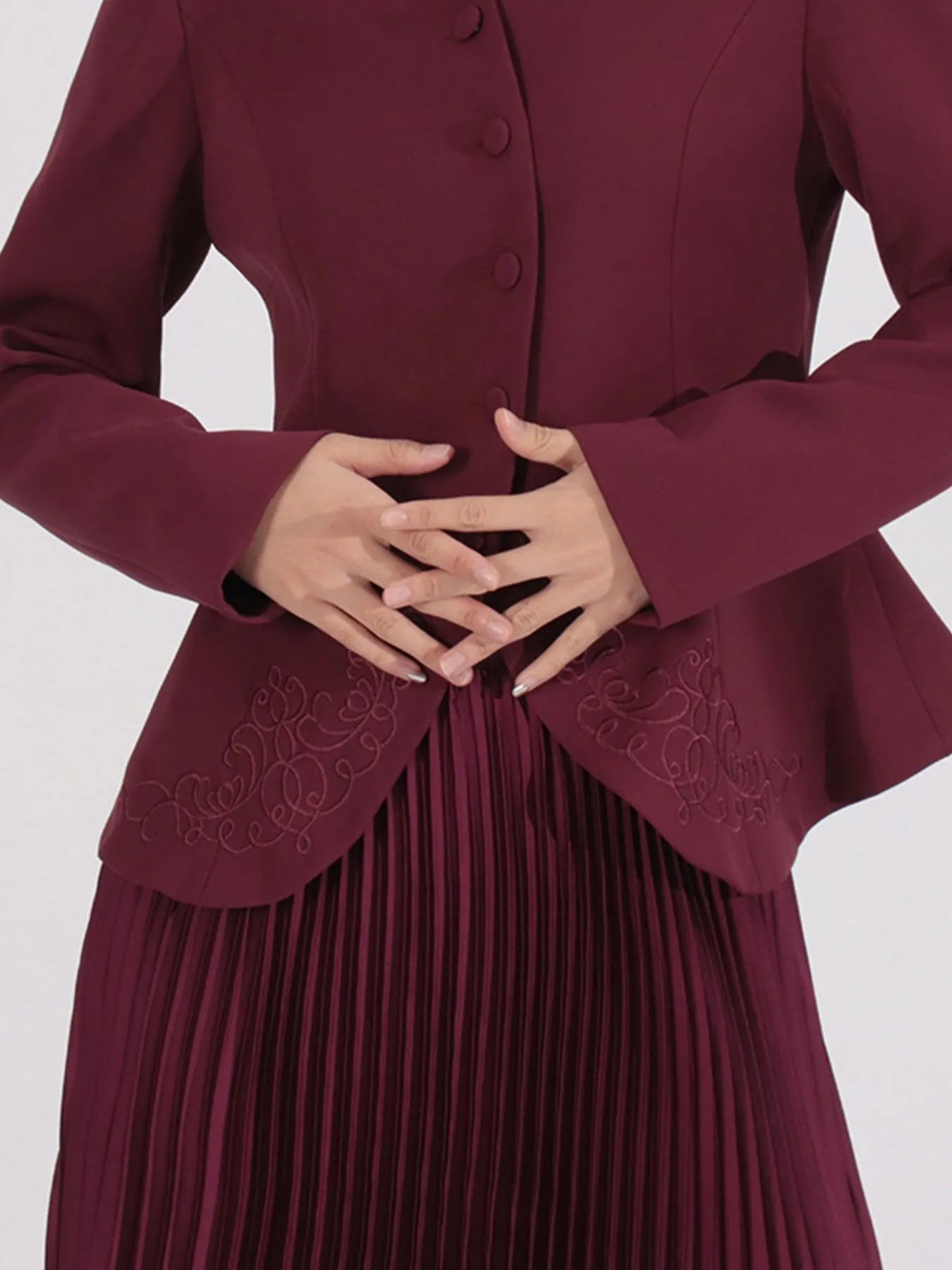 Elegant Button Up Long Sleeve Blouse & Pleated Skirt Two-Piece Set