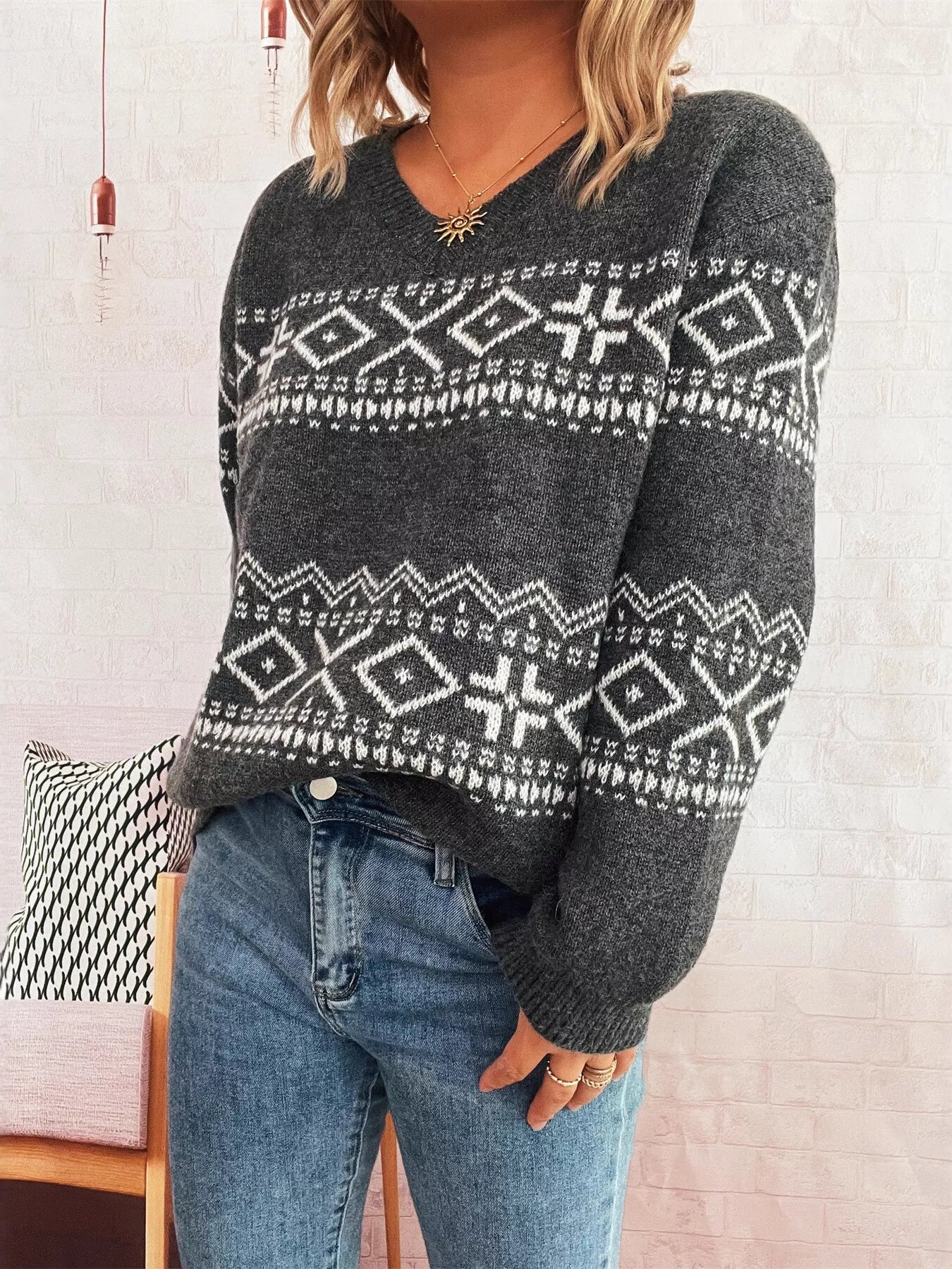 Geometric Print Dropped Shoulder Long Sleeve Sweater Dark Gray One size