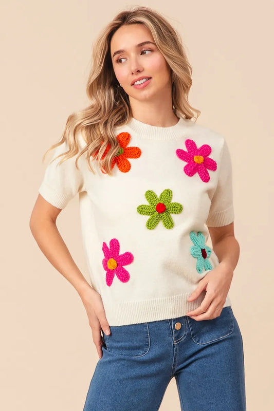 BiBi Crochet Daisy Patch Knit Sweater Top Ivory