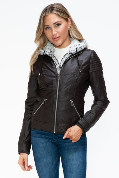 YMI Faux Layered Double-Zipper Jacket with Cozy Fuzzy Hood Chocolate