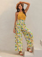 Openwork Halter-Neck Floral Wide-Leg Jumpsuit